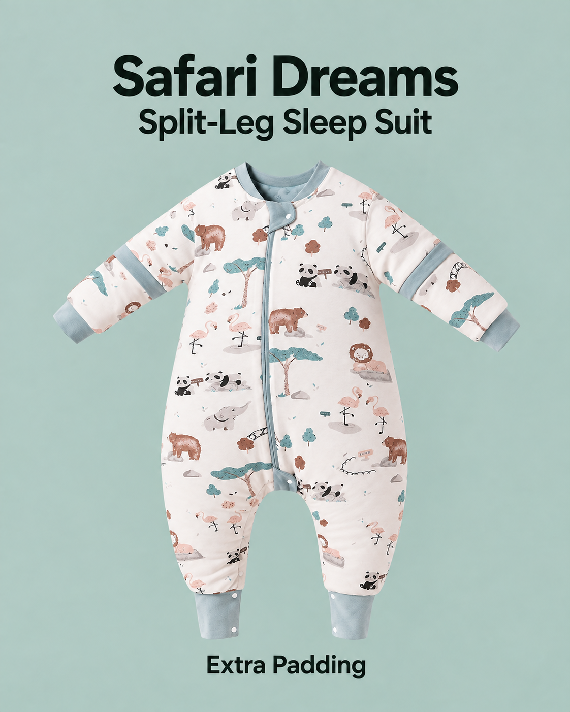 Extra Padding split-leg sleep suit in Safari Dreams print with gray-blue trim, pandas, bears, lions, flamingos and trees, detachable sleeves and a front zipper