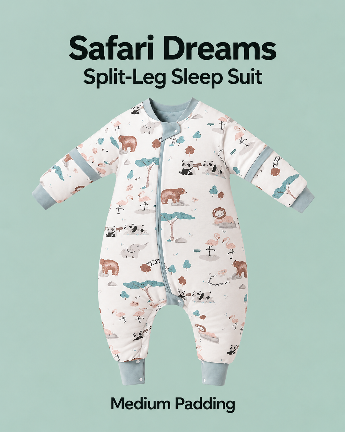 Medium Padding split-leg sleep suit in Safari Dreams print with gray-blue trim, pandas, bears, lions, flamingos and trees, detachable sleeves and a front zipper