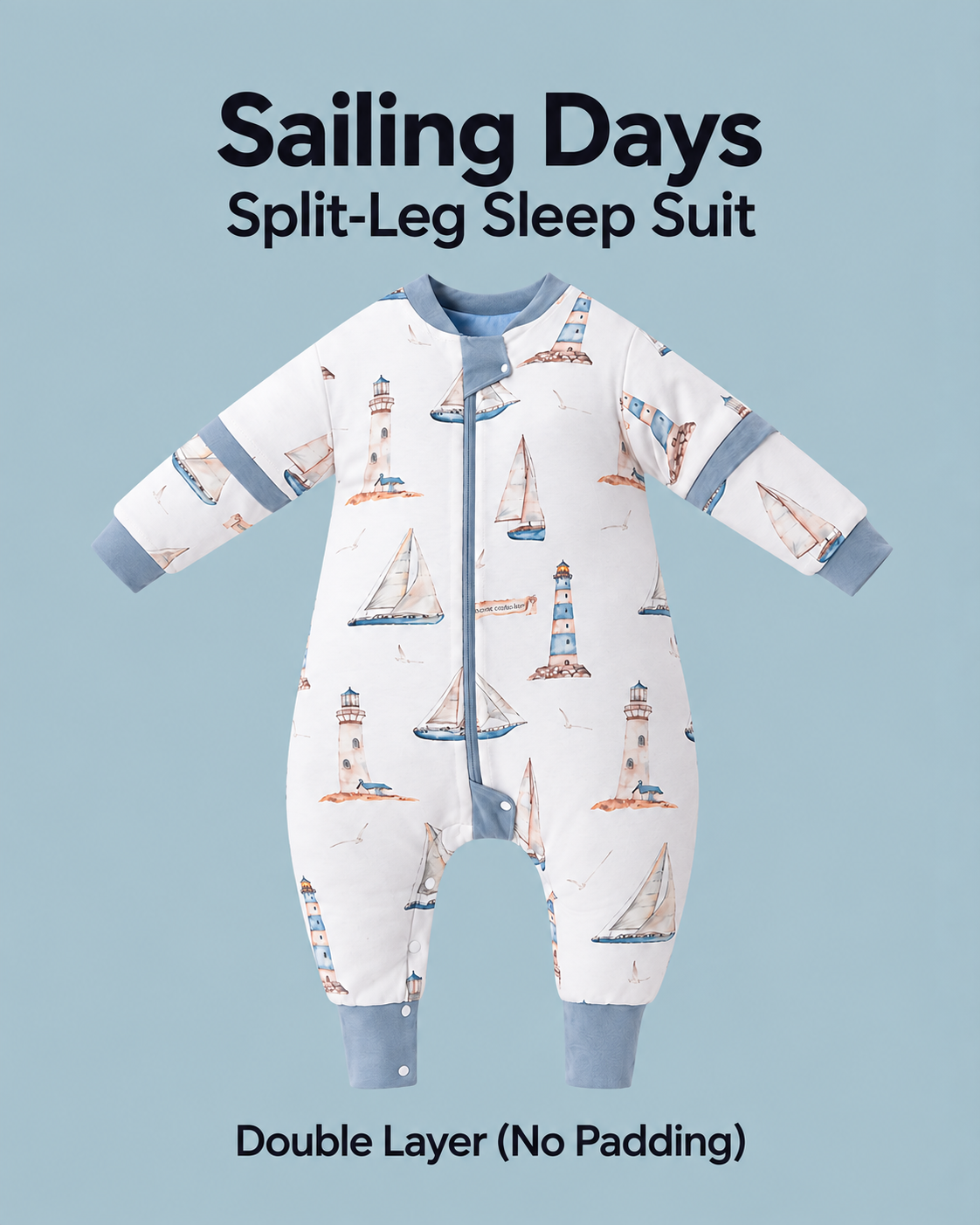 Double Layer (No Padding) split-leg sleep suit in Sailing Days print with blue-gray trim, sailboats and lighthouses, detachable sleeves and a front zipper
