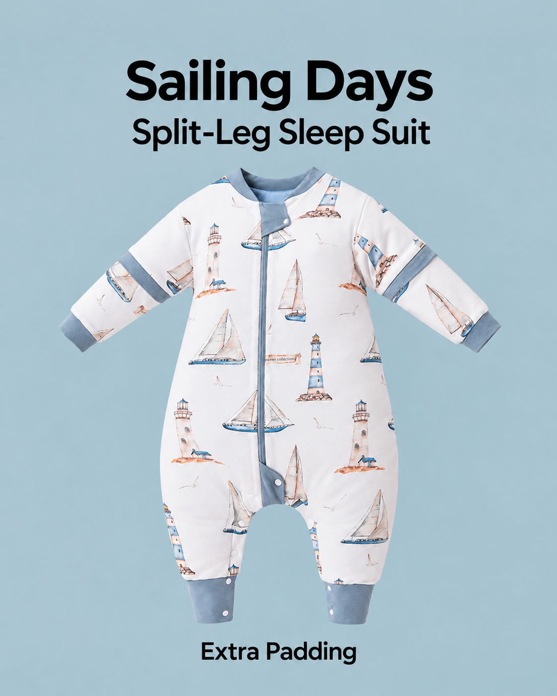 Extra Padding split-leg sleep suit in Sailing Days print with blue-gray trim, sailboats and lighthouses, detachable sleeves and a front zipper