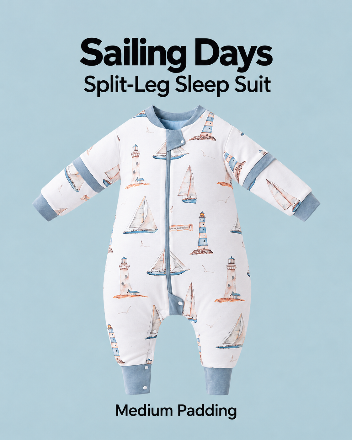 Medium Padding split-leg sleep suit in Sailing Days print with blue-gray trim, sailboats and lighthouses, detachable sleeves and a front zipper