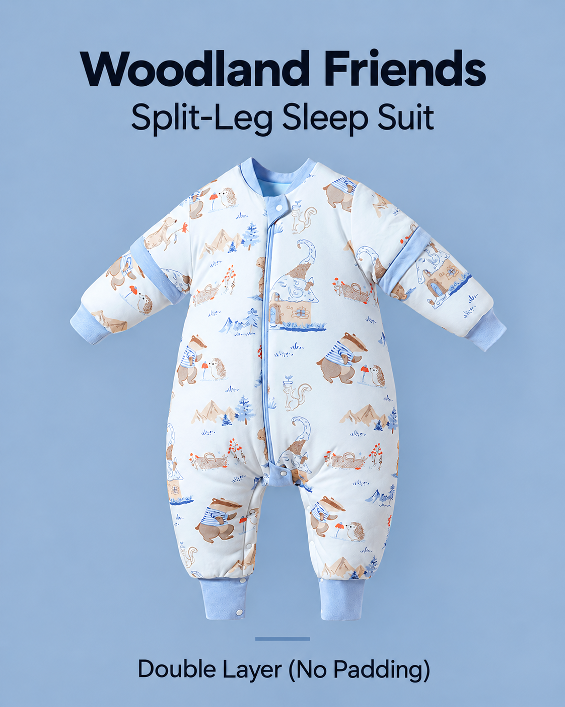 Double Layer (No Padding) split-leg sleep suit in Woodland Friends print with blue trim, badgers, hedgehogs, squirrels and woodland scenes, detachable sleeves and a front zipper