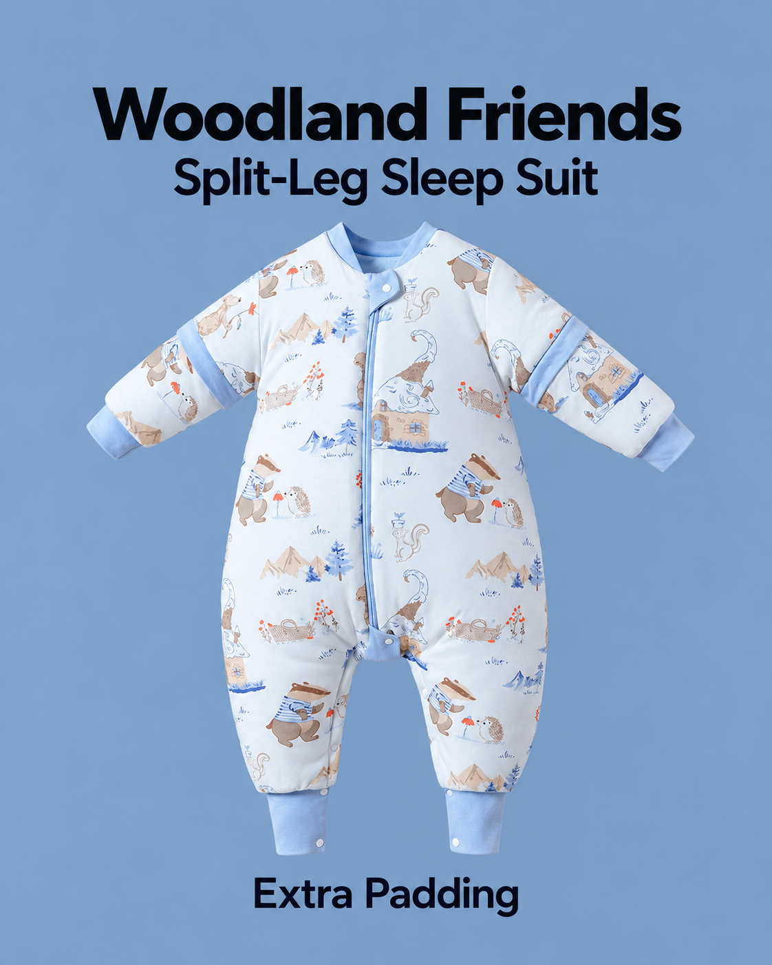 Extra Padding split-leg sleep suit in Woodland Friends print with blue trim, badgers, hedgehogs, squirrels and woodland scenes, detachable sleeves and a front zipper