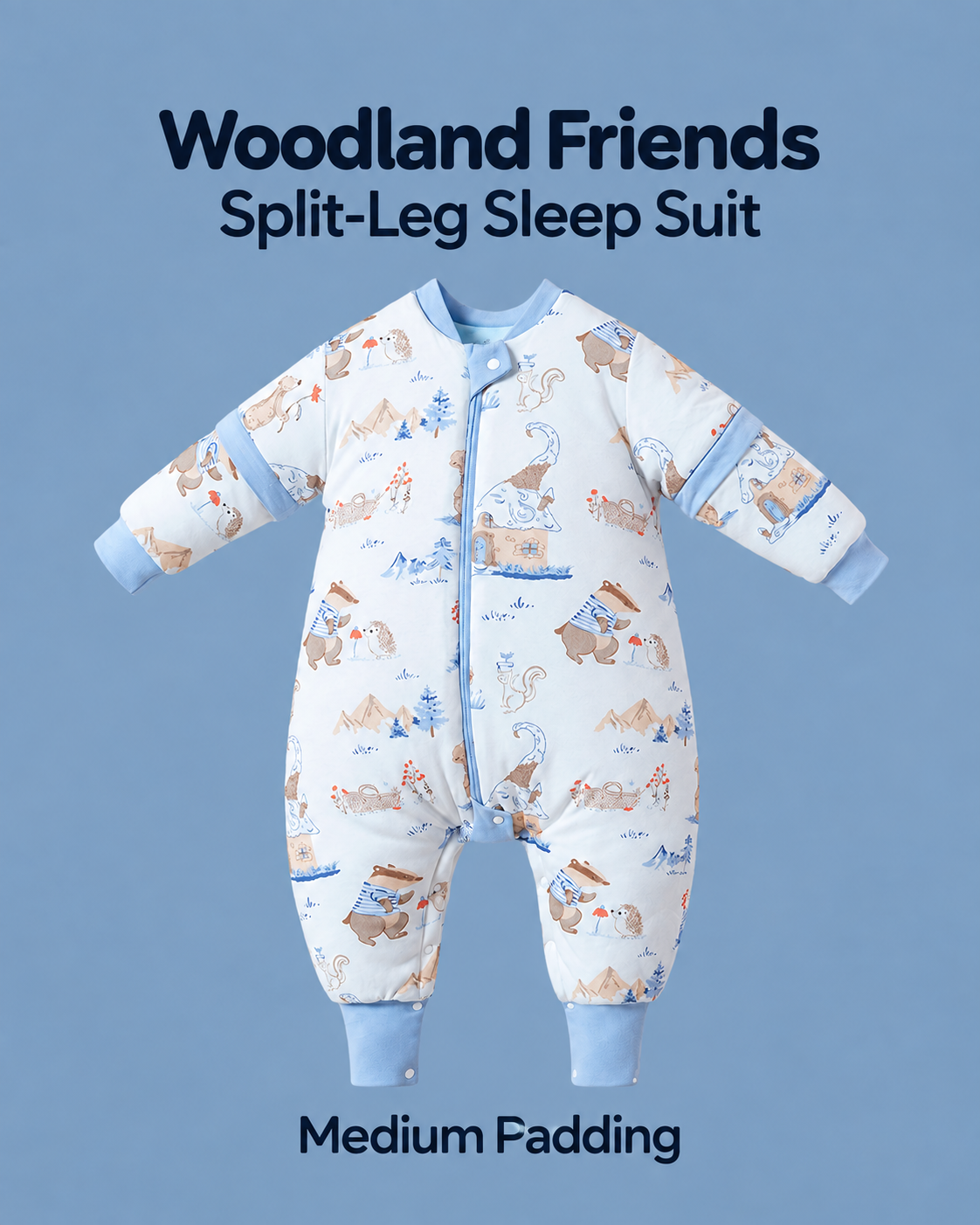 Medium Padding split-leg sleep suit in Woodland Friends print with blue trim, badgers, hedgehogs, squirrels and woodland scenes, detachable sleeves and a front zipper