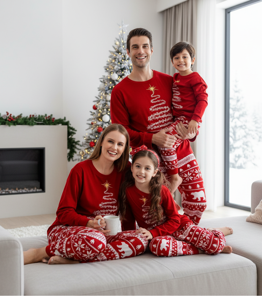 Family of four relaxing in red Christmas tree and polar bear pajamas beside a snowy window