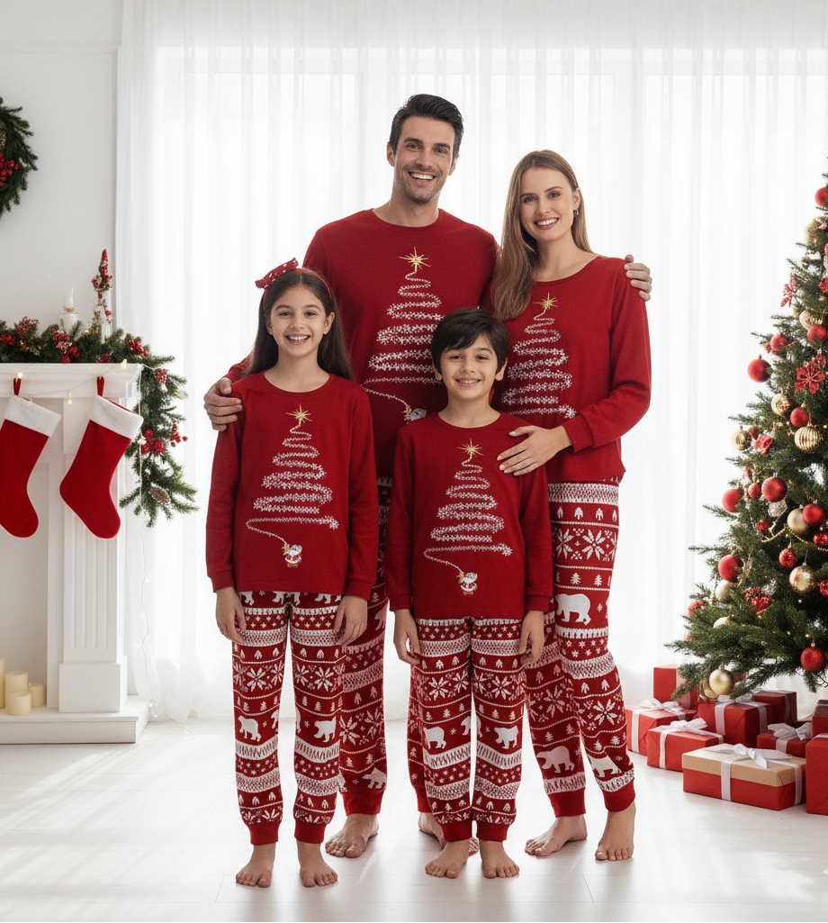Family of four in red matching Christmas pajamas with tree, reindeer and polar bear prints by a decorated tree