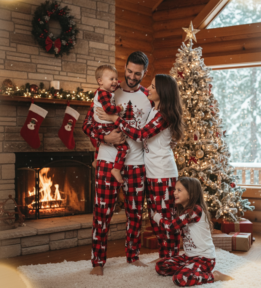 Red Plaid Christmas Tree Pattern Matching Family Pajamas with Dog Clothes – Holiday Sleepwear Main View