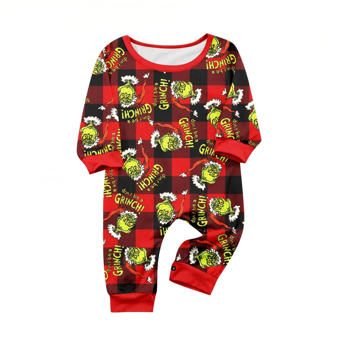 Red-and-black plaid baby romper with Grinch graphics, festive lettering and red cuffs