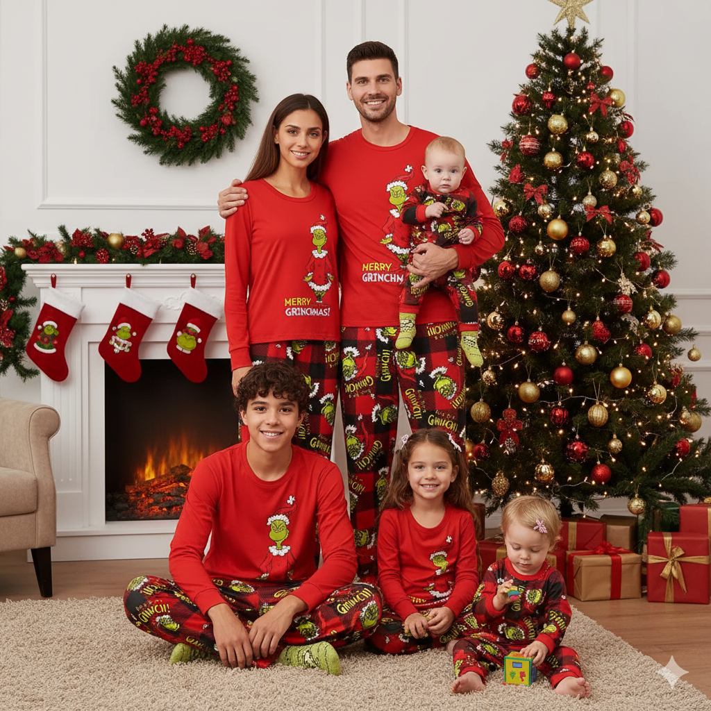 Family wearing red Grinch Christmas pajamas with plaid printed pants beside a fireplace and Christmas tree
