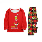 Child's red Grinch top and red-and-black plaid pajama pants shown flat on a white background
