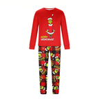 Red long-sleeve Merry Grinchmas top with red-and-black plaid Grinch-print pajama pants