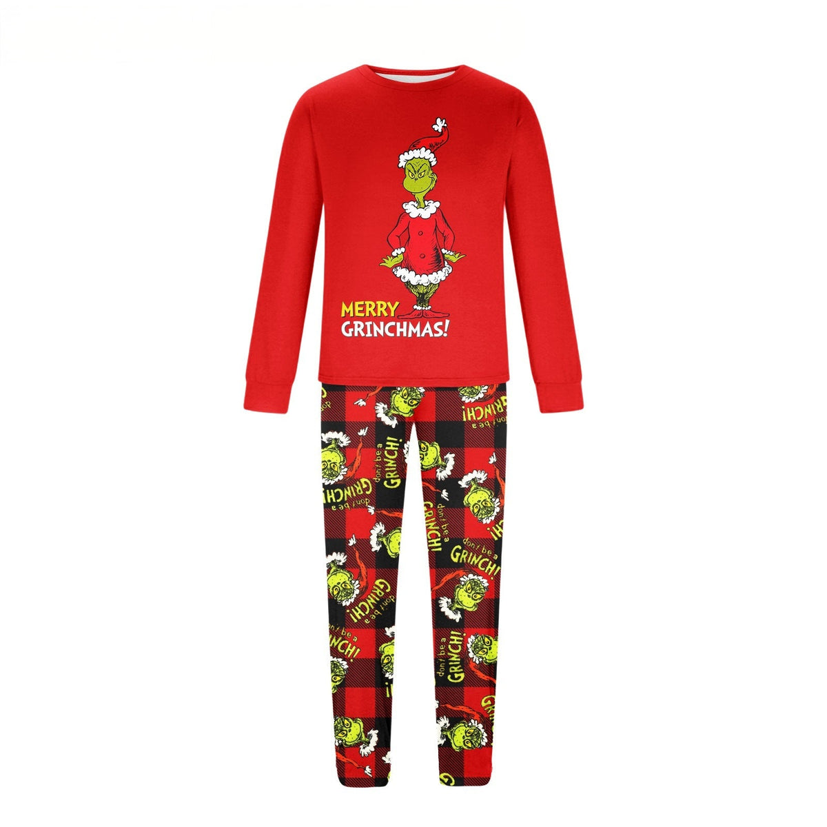 Red long-sleeve Merry Grinchmas top with red-and-black plaid Grinch-print pajama pants