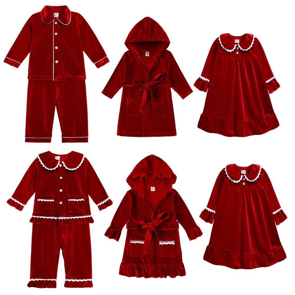 Red Velvet Christmas Pajamas Family Photo – Cozy Holiday Sleepwear for the Whole Family