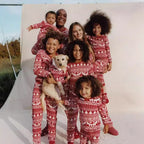 Red White Snowflake Christmas Pajamas Flat Lay – Complete Matching Family and Dog Set