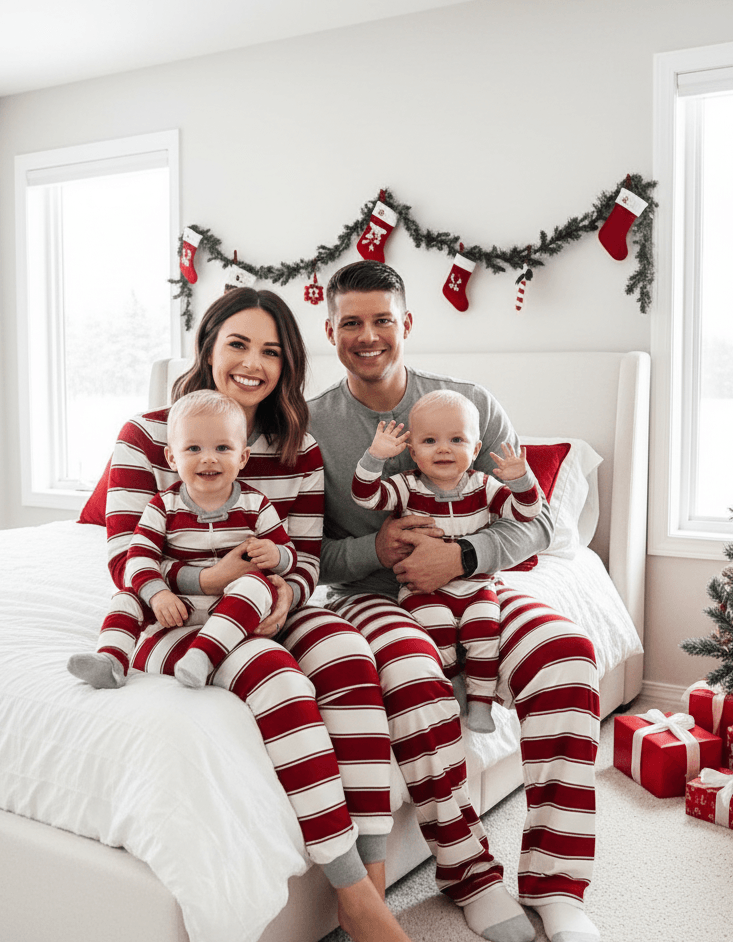 Parents sitting on a white bed with twin babies wearing matching red and white candy cane striped holiday lounge sets.