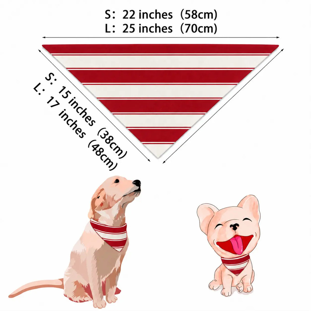 Size guide for a red and white striped dog bandana, showing small and large measurements and dog illustrations.