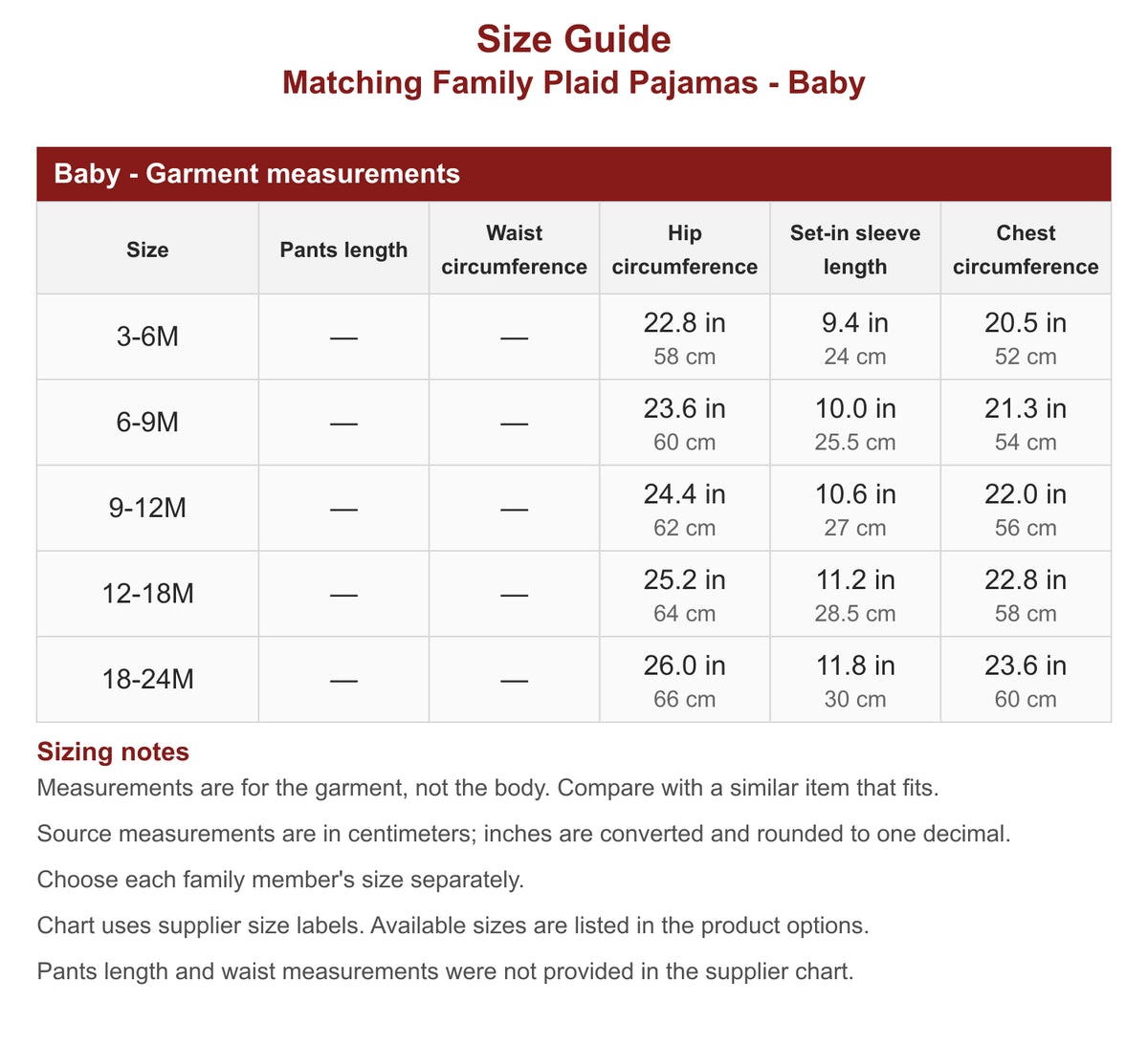 Baby matching family plaid Christmas pajamas size chart with hip, set-in sleeve length and chest measurements in inches and centimeters. Pants length and waist are not provided by the supplier.