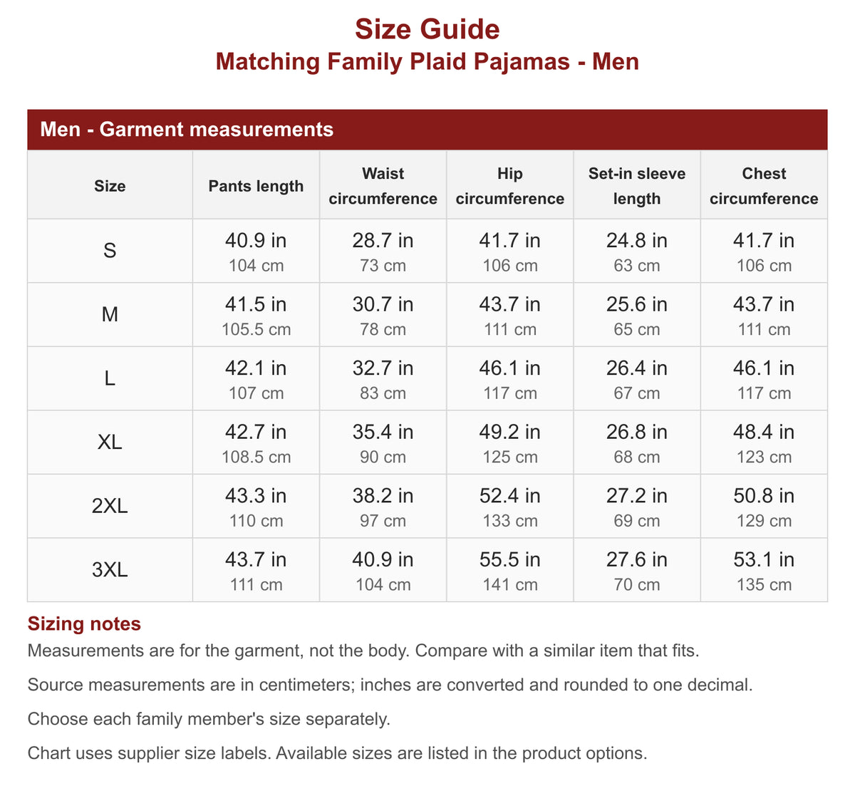 Men's matching family plaid Christmas pajamas size chart: pants length, waist, hip, set-in sleeve length and chest measurements in inches and centimeters.