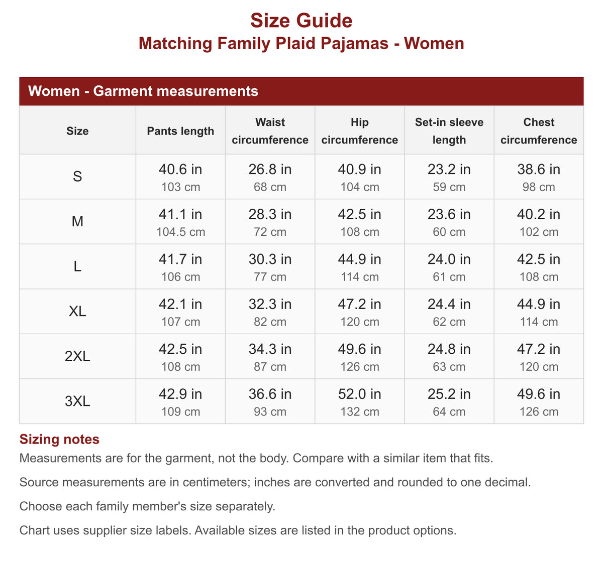 Women's matching family plaid Christmas pajamas size chart: pants length, waist, hip, set-in sleeve length and chest measurements in inches and centimeters.