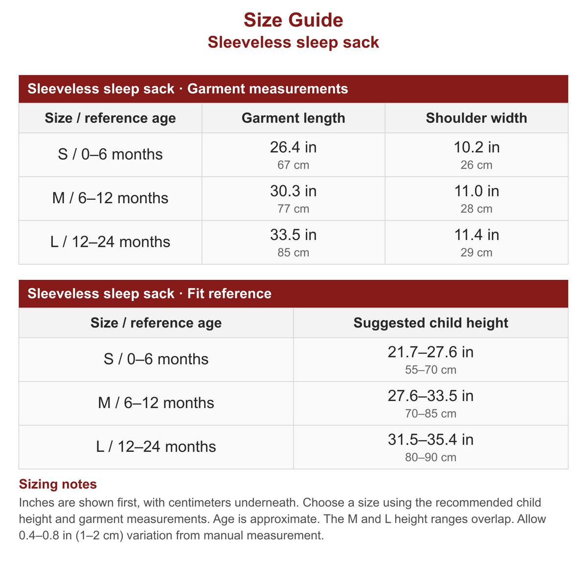 Sleeveless sleep sack size guide with garment measurements and fit reference in inches and centimeters.