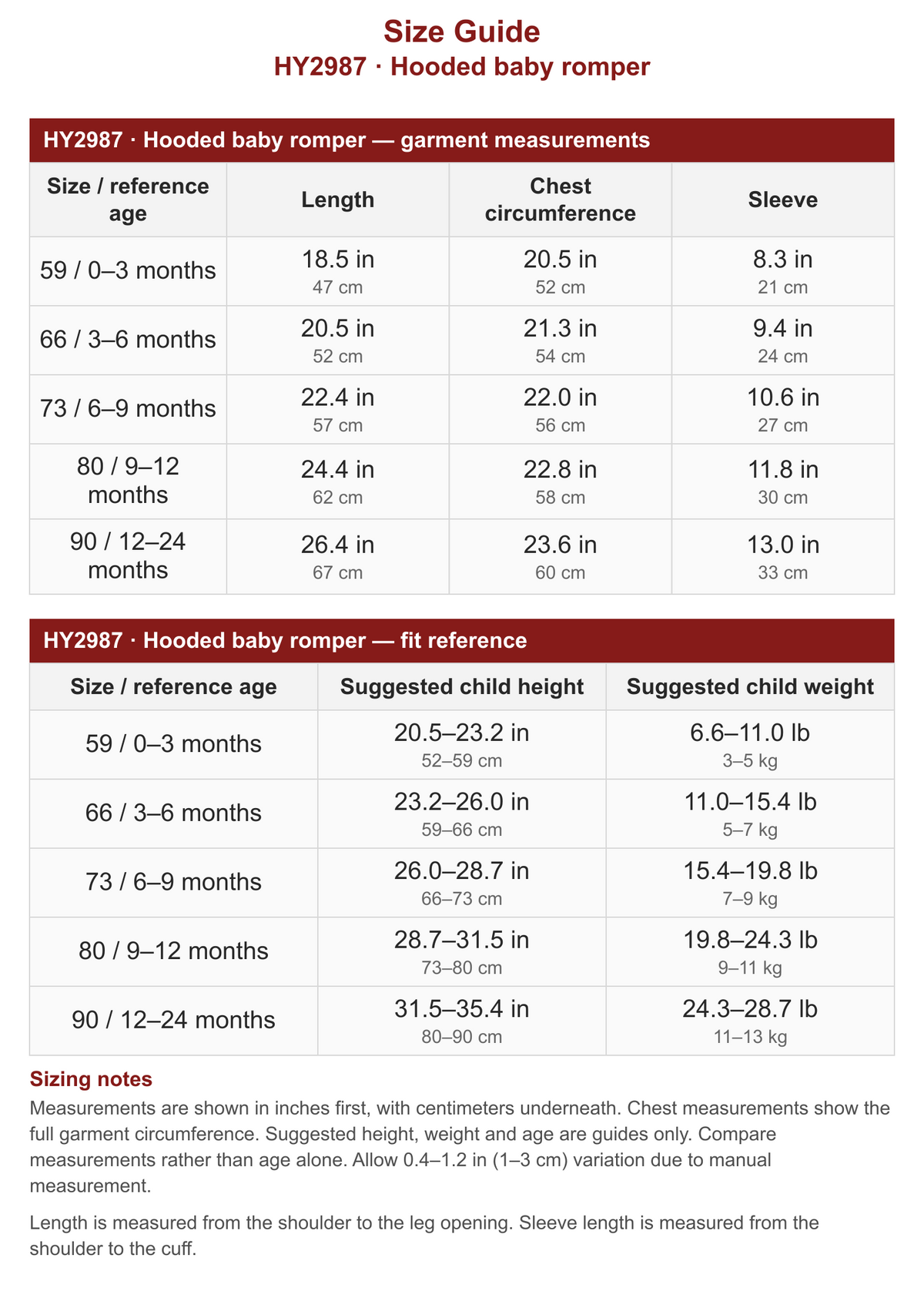 HY2987 · Hooded baby romper size guide with garment measurements and fit reference in inches and centimeters.