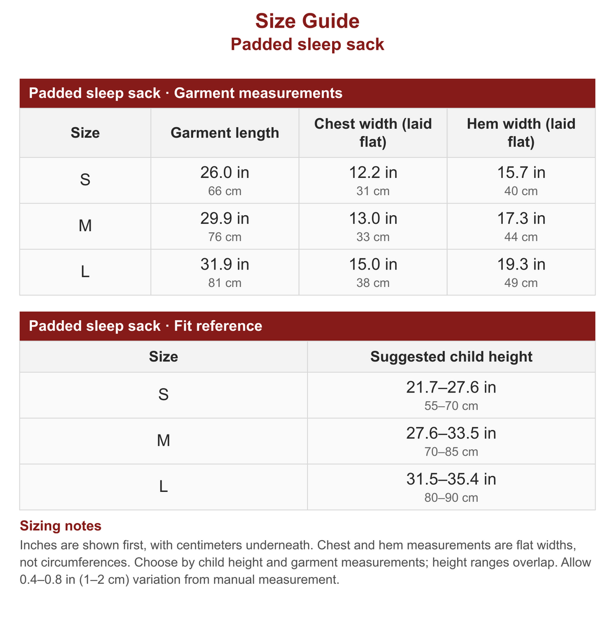 Padded sleep sack size guide with garment measurements and fit reference in inches and centimeters.