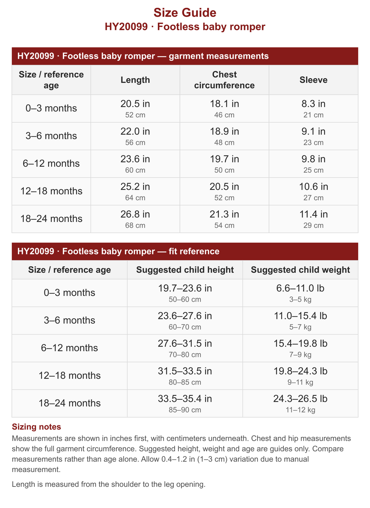 HY20099 · Footless baby romper size guide with garment measurements and fit reference in inches and centimeters.