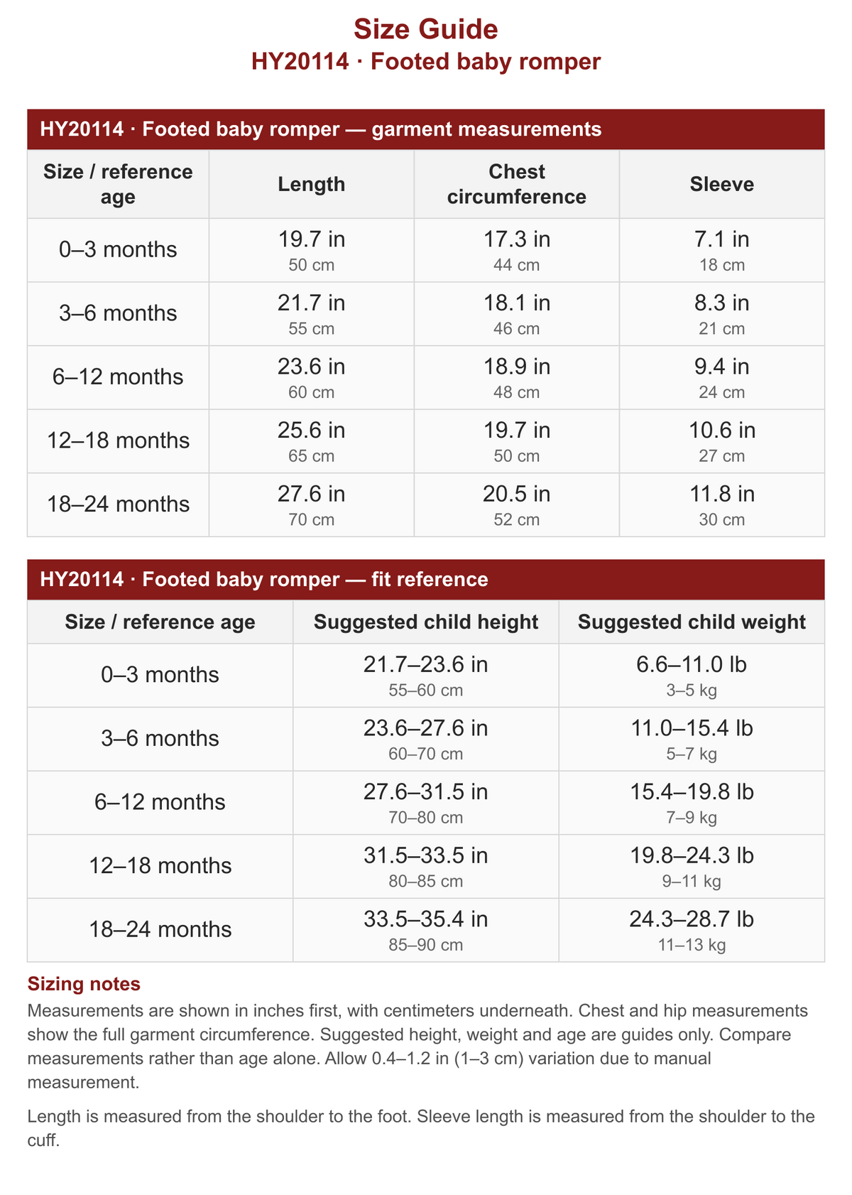 HY20114 · Footed baby romper size guide with garment measurements and fit reference in inches and centimeters.