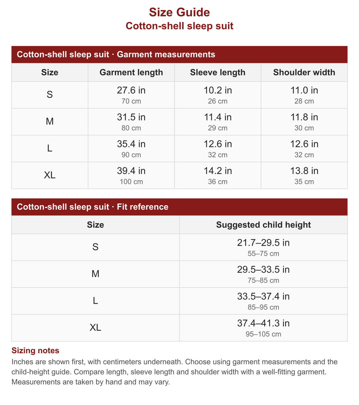 Cotton-shell sleep suit size guide with garment measurements and fit reference in inches and centimeters.