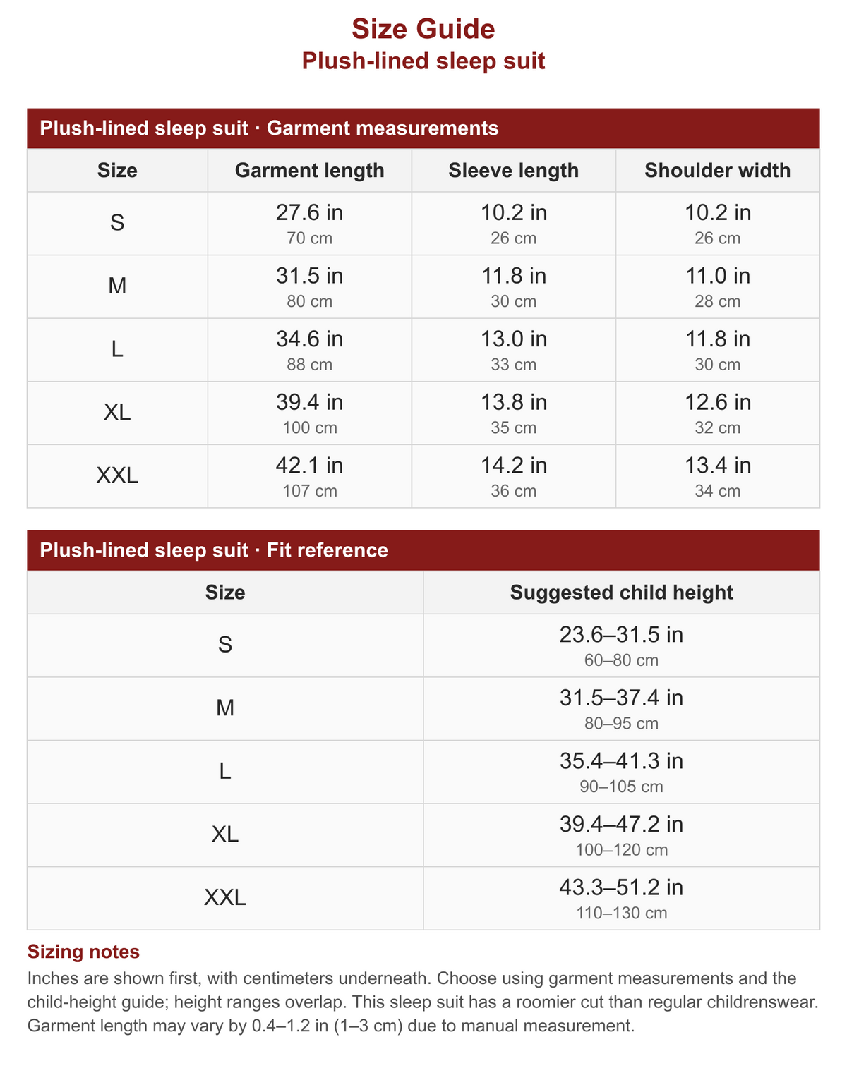 Plush-lined sleep suit size guide with garment measurements and fit reference in inches and centimeters.