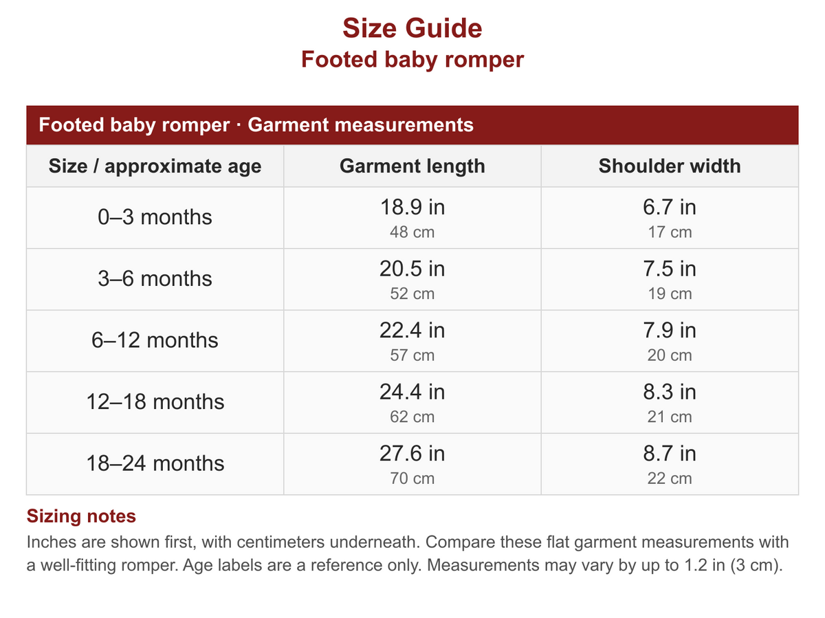 Footed baby romper size guide with garment measurements in inches and centimeters.