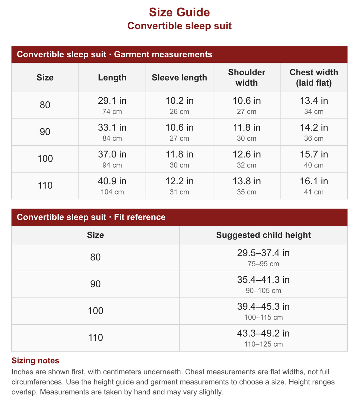 Convertible sleep suit size guide with garment measurements and fit reference in inches and centimeters.
