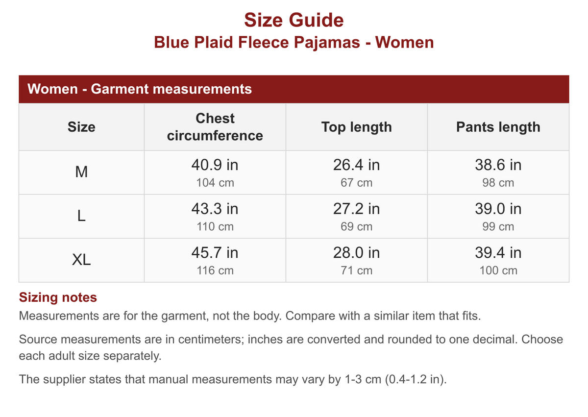 Blue Plaid Fleece Pajamas - Women size guide with garment measurements in inches and centimeters.