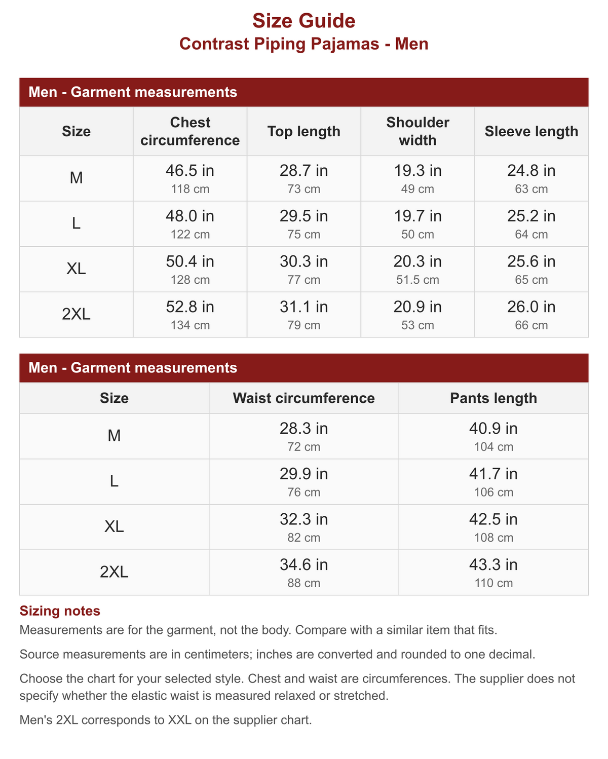 Contrast Piping Pajamas - Men size guide with garment measurements in inches and centimeters.