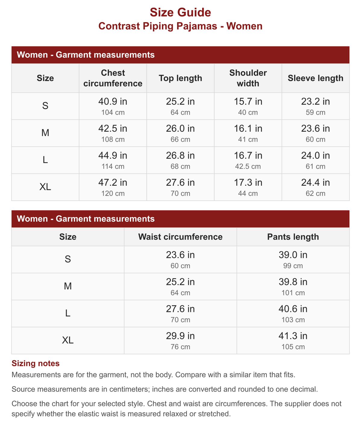 Contrast Piping Pajamas - Women size guide with garment measurements in inches and centimeters.