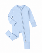 Sky blue bamboo-blend baby zip romper with long sleeves and fold-over cuffs, front view
