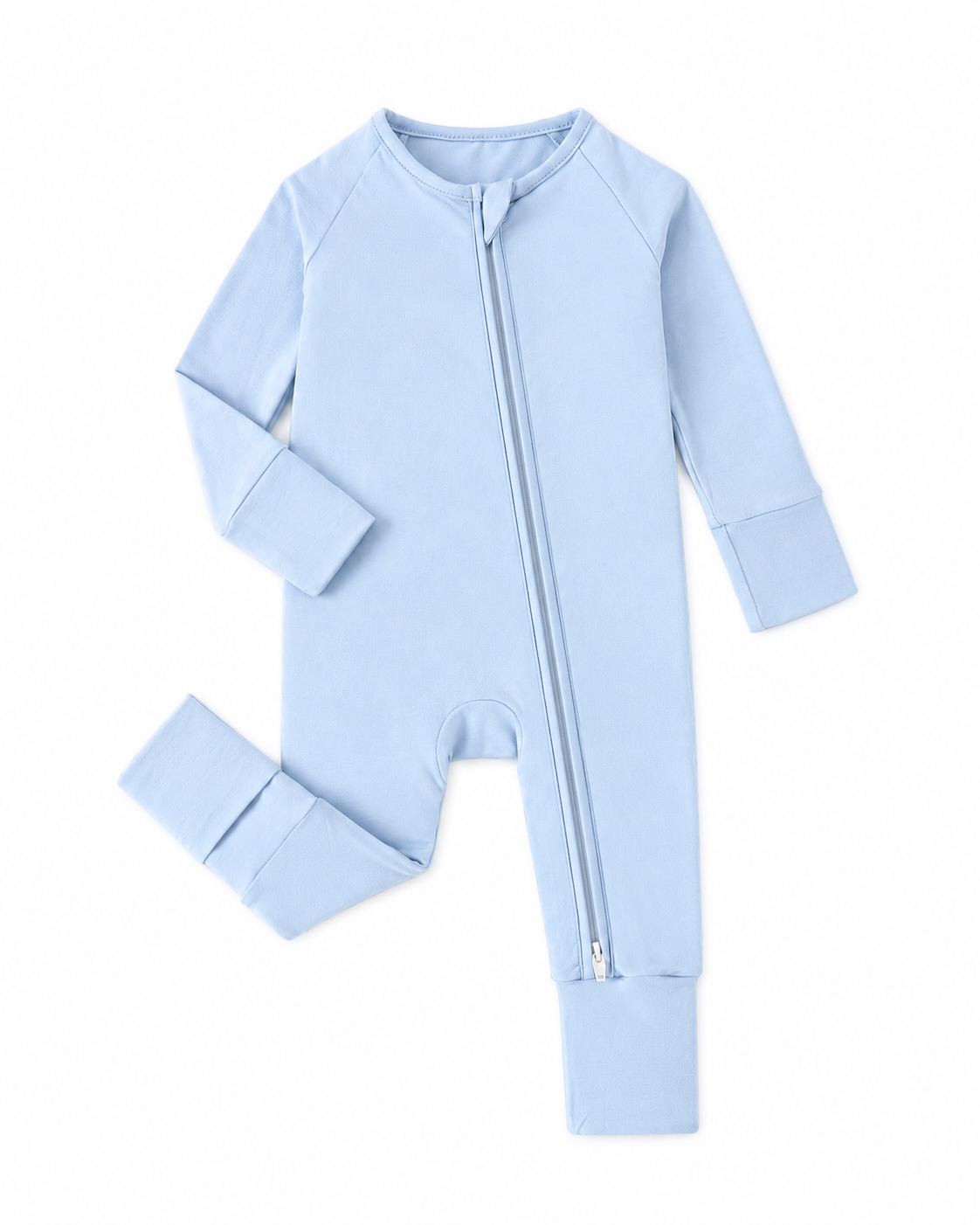 Sky blue bamboo-blend baby zip romper with long sleeves and fold-over cuffs, front view