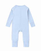 Back view of the sky blue long-sleeve baby romper with fold-over cuffs