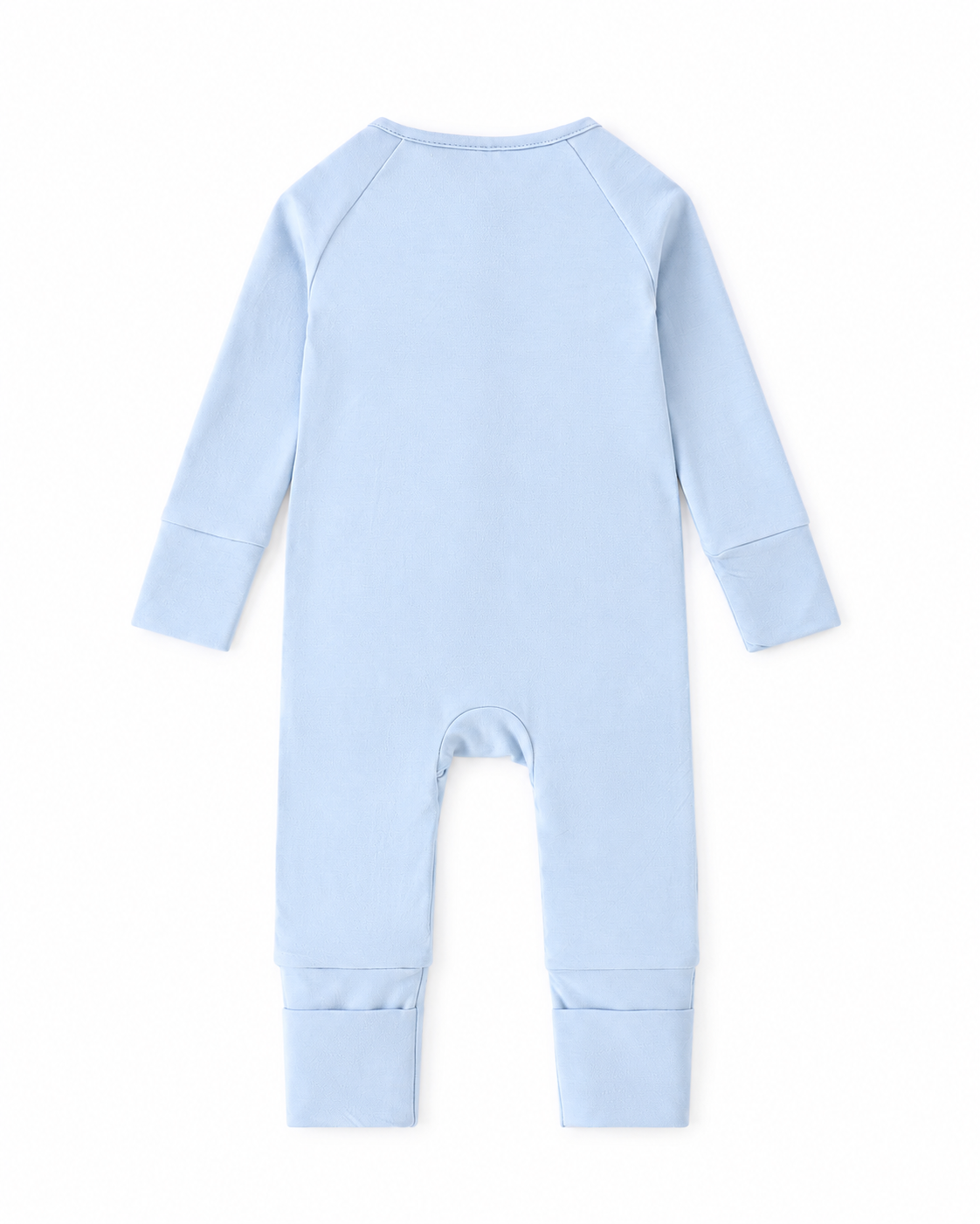 Back view of the sky blue long-sleeve baby romper with fold-over cuffs