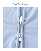 Close-up of the two-way zipper on the sky blue baby romper