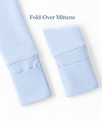 Fold-over mitten cuff detail on the sky blue long-sleeve baby romper
