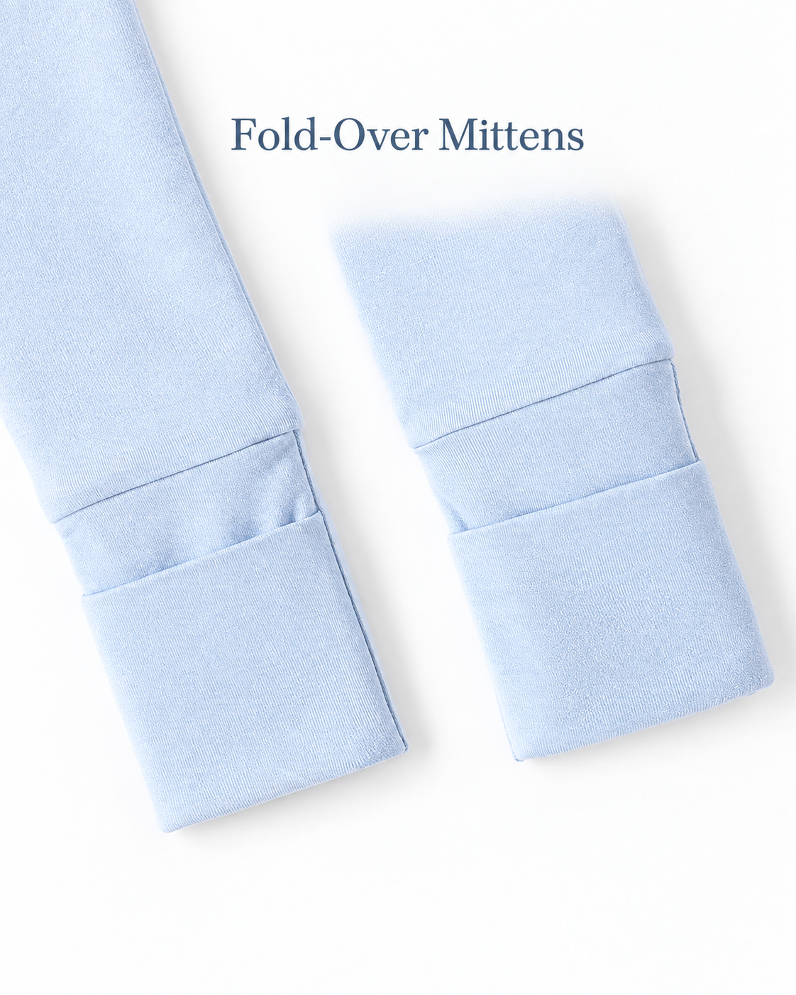 Fold-over mitten cuff detail on the sky blue long-sleeve baby romper