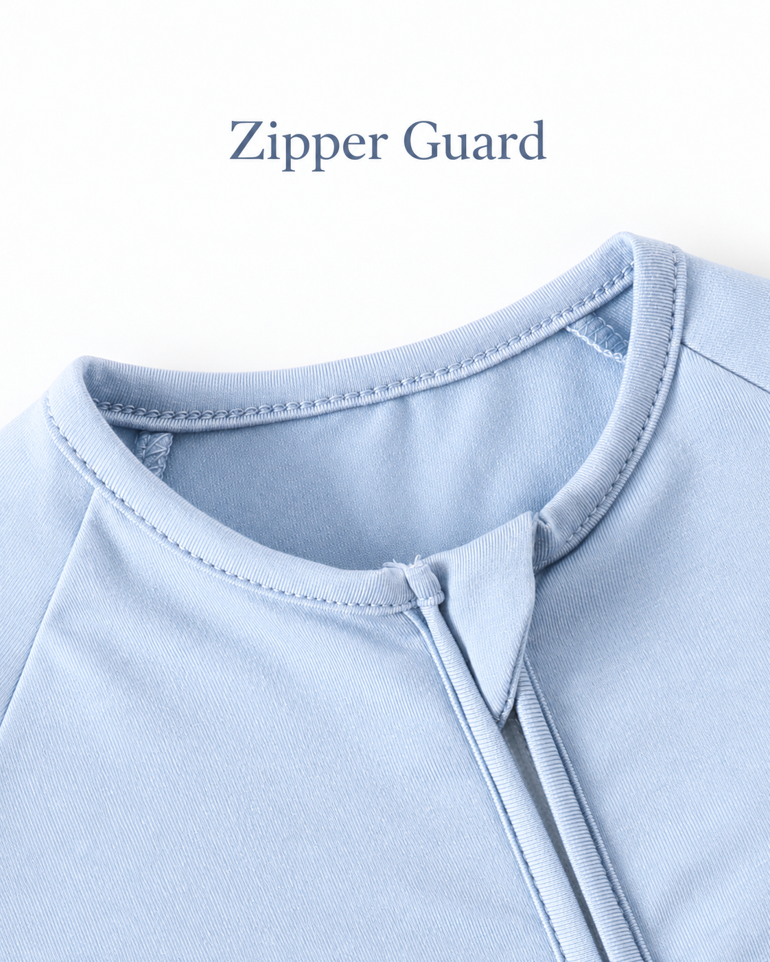 Neckline and zipper guard detail on the sky blue baby zip romper