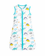 Sleeveless baby sleep sack featuring colorful dinosaurs with turquoise trim and a front zipper