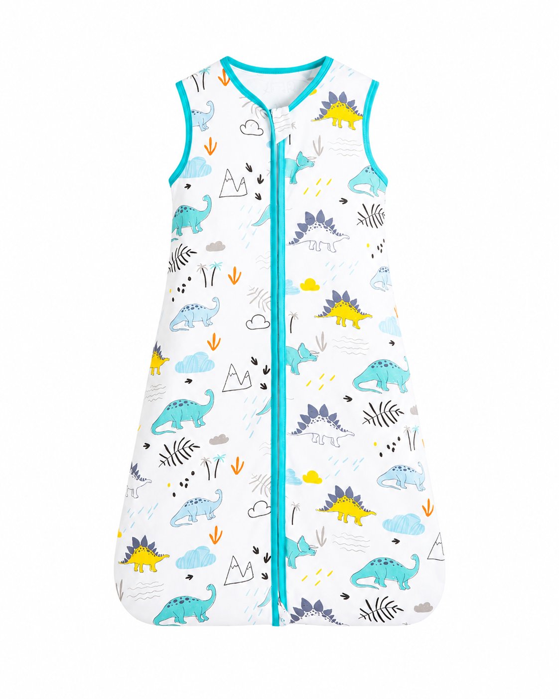 Sleeveless baby sleep sack featuring colorful dinosaurs with turquoise trim and a front zipper