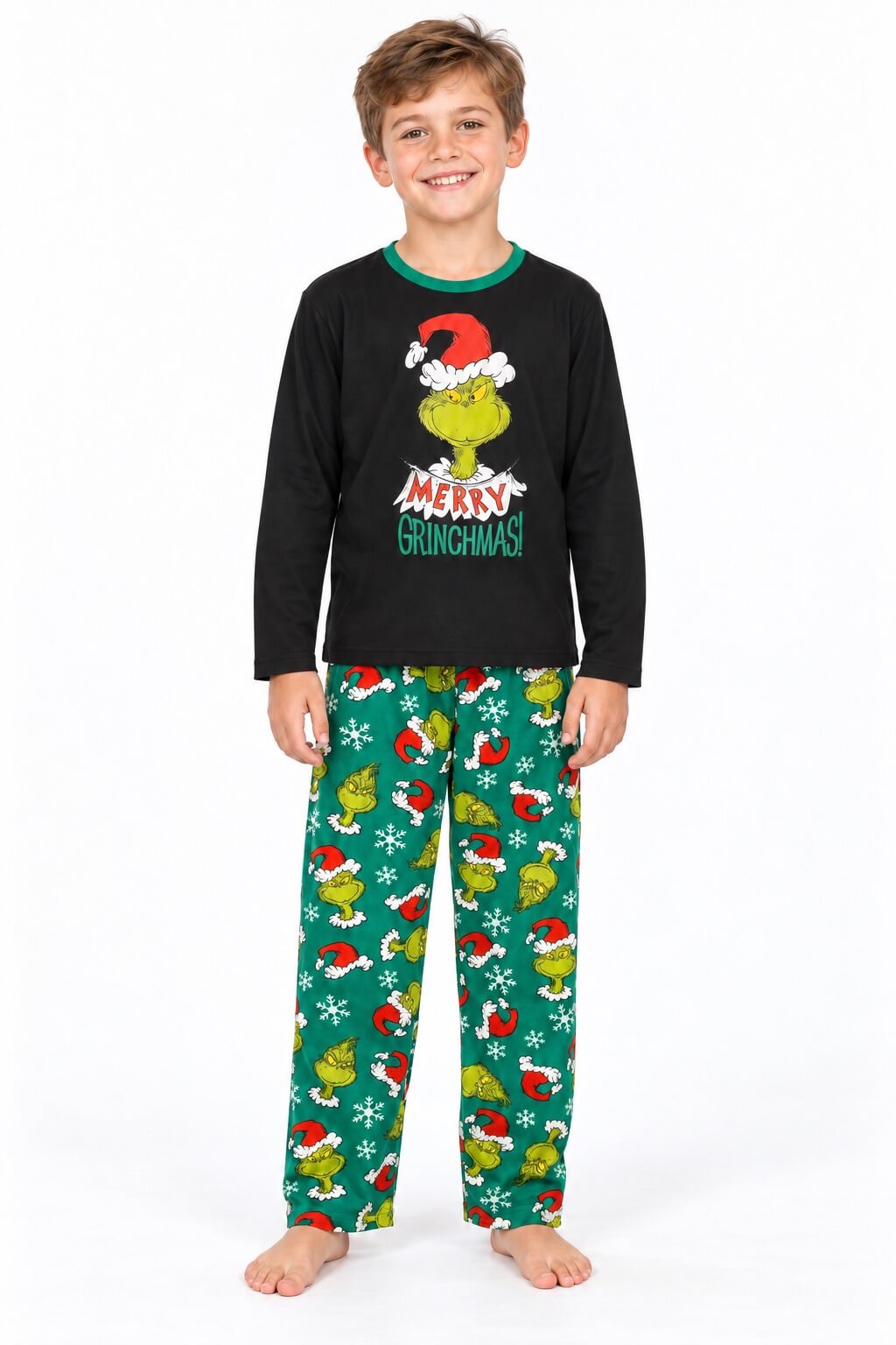 Passende Grinch-Weihnachtspyjamas für die Familie in Schwarz und Grün