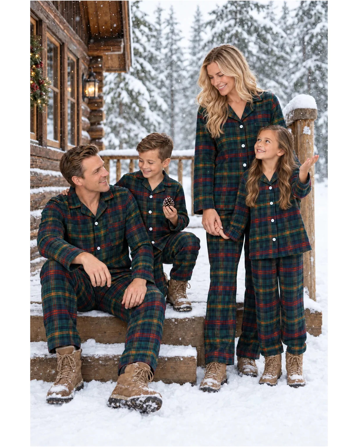 Adults and children in dark green tartan pajamas outside a cabin in the snow.