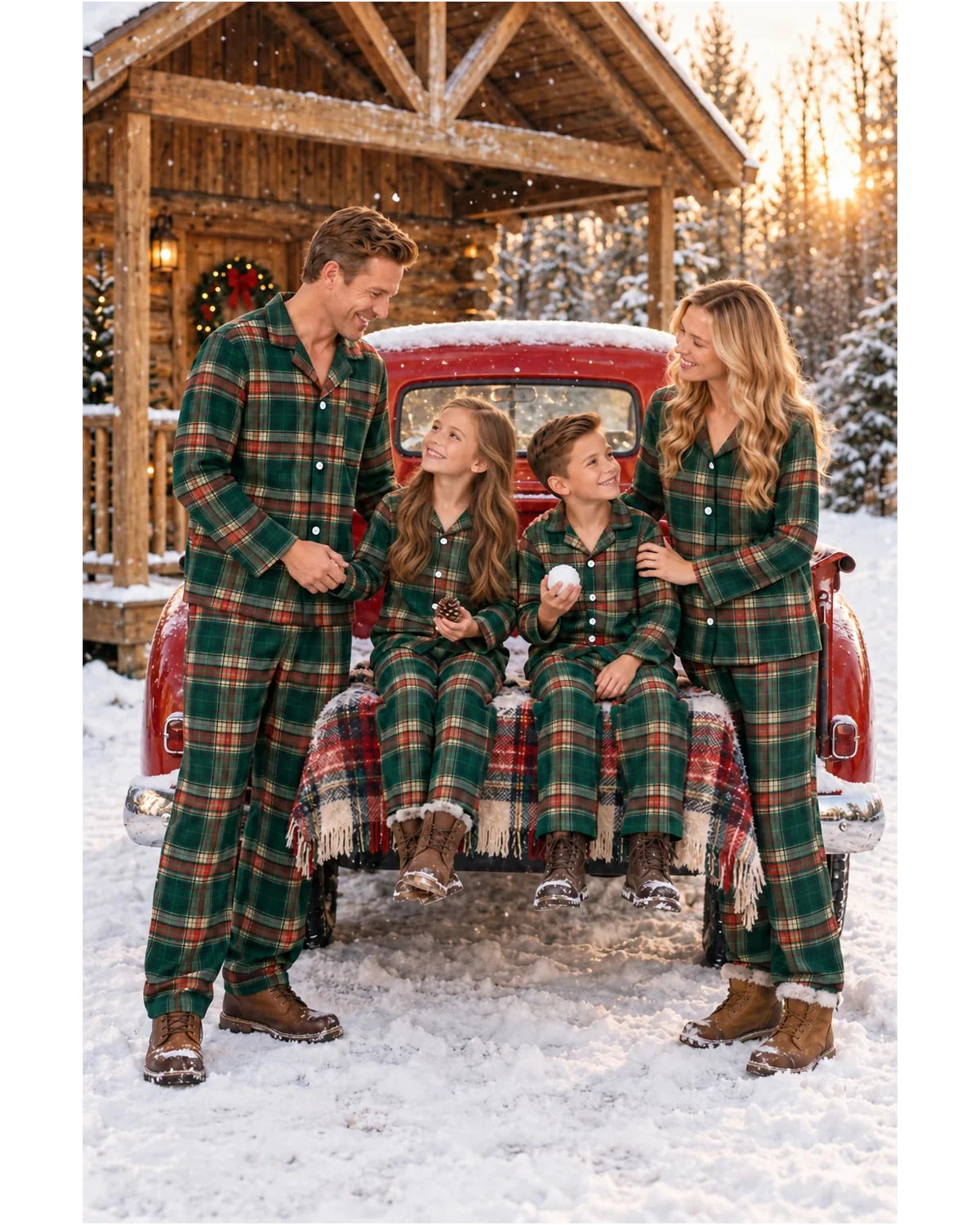 Family in light green tartan pajamas posing together beside a red truck in a snowy cabin setting.