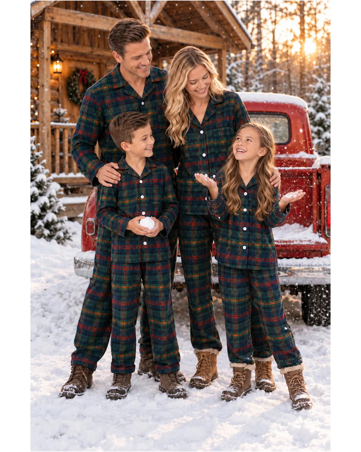 Family wearing dark green tartan pajamas beside a red truck in a snowy cabin setting.
