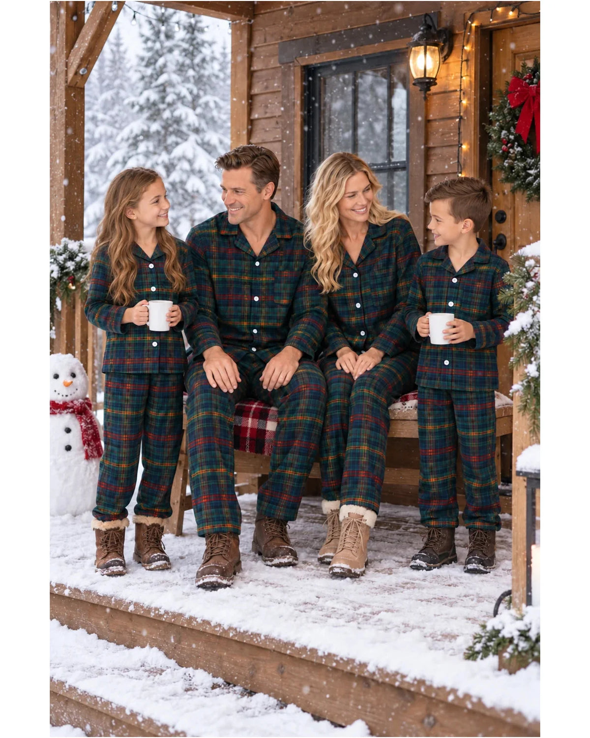 Family in dark green tartan pajamas holding mugs on the steps of a snowy wooden cabin.